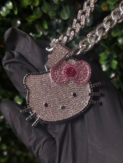Large Iced Out Hello Kitty Face Pendant & Cuban Chain Set