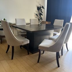 Large Dark Brown Wood Dining Table w/ Leaf Extender, (6) Cream Beige Upholstered Chairs, Seats 6-8 People, Modern Style Luxury Kitchen Dining Set