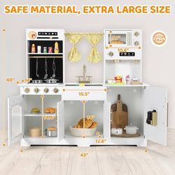 Wooden Large Kid Play Kitchen Set, Safe Cooking Playset with Accessories, Stove, Oven, Sink, Storage Cabinet, Water Dispenser, Clock, Mini Kitchen for