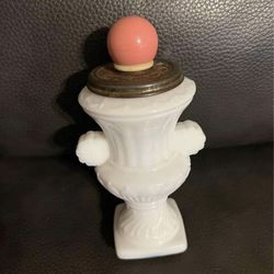 preowned vintage Empty Avon milk glass Greek vase/Urn Double Handled container/decanter/bottle with stopper/lid