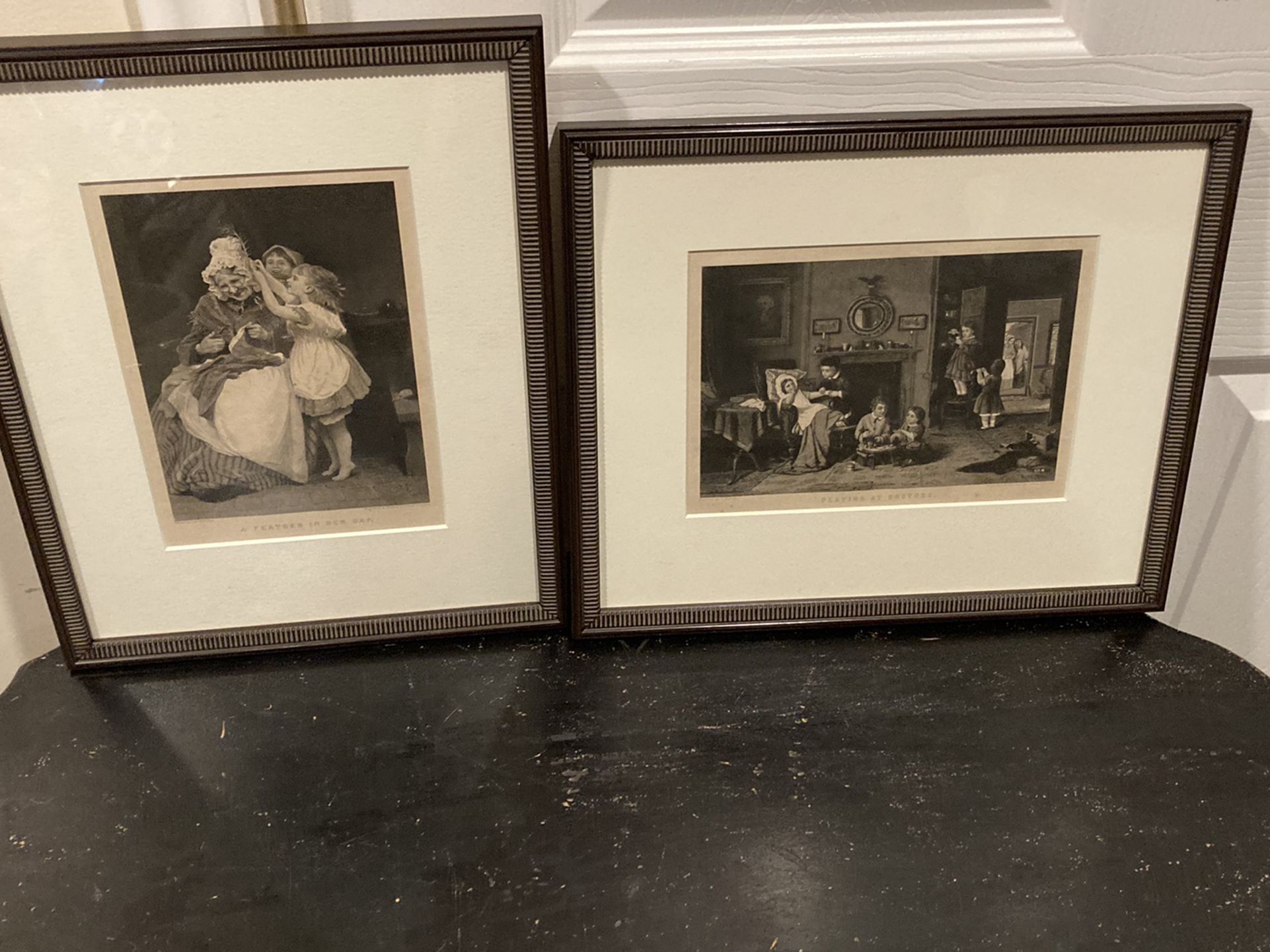 Awesome Pair Of Antique B&W Prints Under Museum Glass & Frames!
