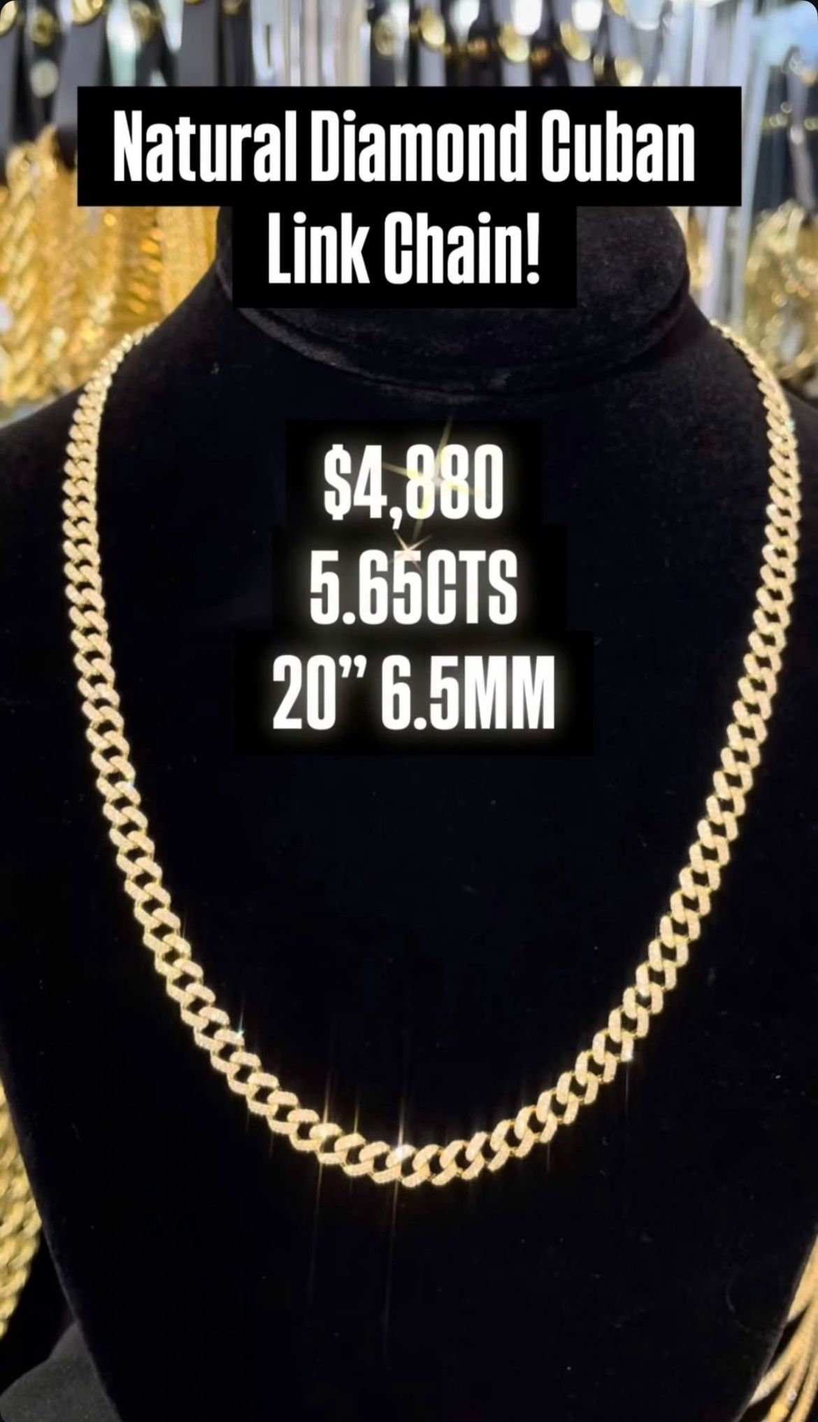 10K 5.65CT 6.5MM Natural Diamonds Cuban Link Chain