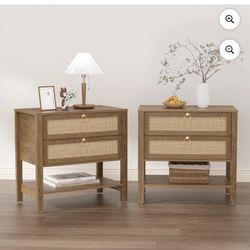 SICOTAS Rattan Wood Nightstand Set Of 2 New In Box