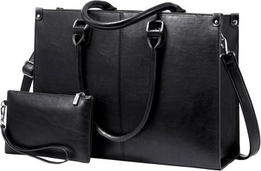 LOVEVOOK Laptop Tote Bag For Women, 15.6 Inch Large Capacity Vintage Leather Work Computer Bag, Business Casual Shoulder Handbag, Black