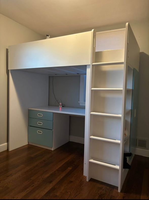Ikea Smastad loft bed with drawers and wardrobe doors, lamp and twin mattress included