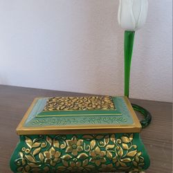 Vtg Fricke & Nacke Floral Green & Gold Footed Tin Made In Western Germany