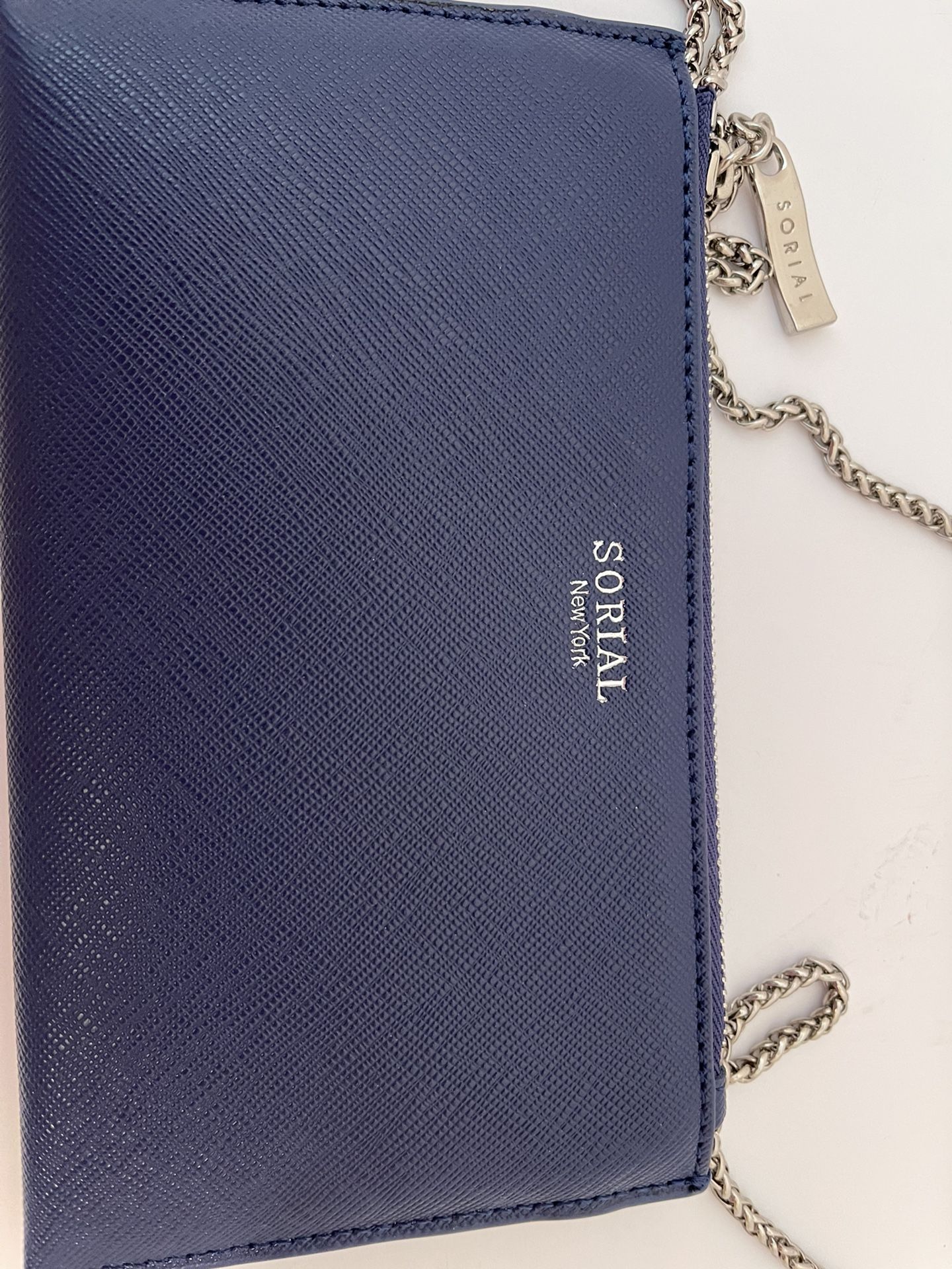 Sorial New York Saffiano Crossbody Purse, Blue Leather, Silver Chain