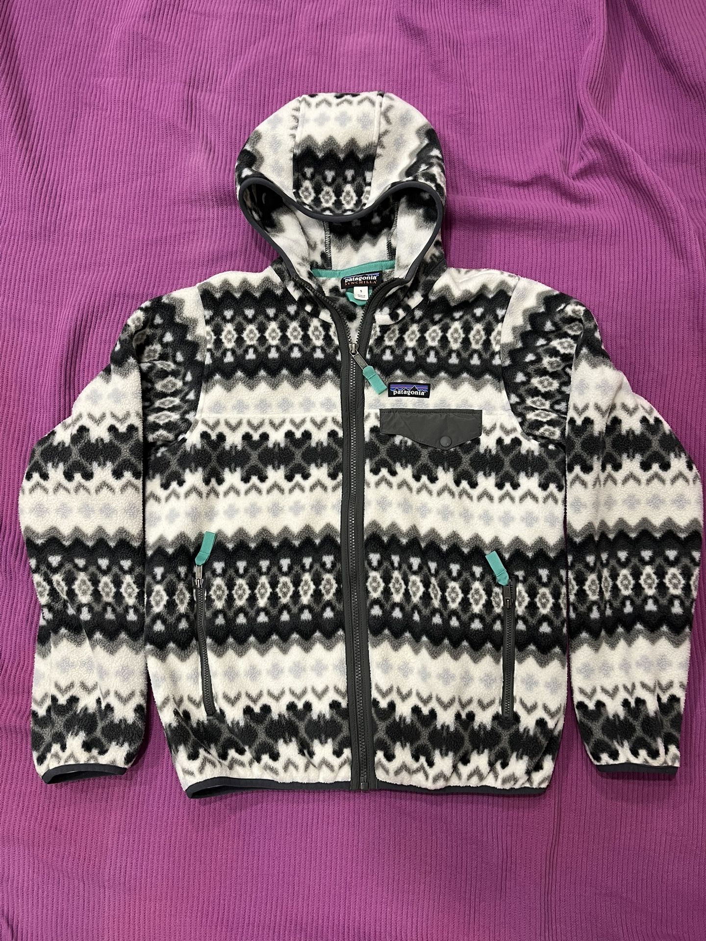 Patagonia Synchilla Snap T Hooded Fleece Jacket Women's S Geometric Print White