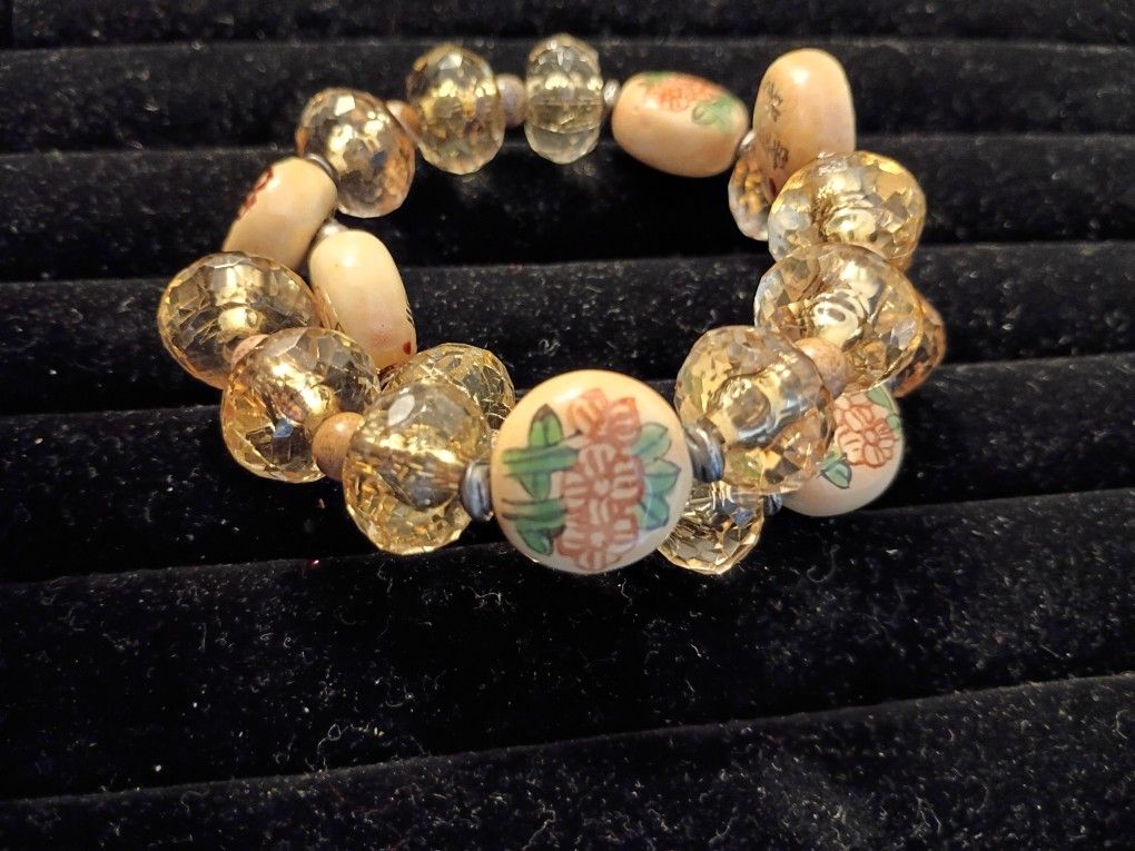 Vintage 925 Sterling Silver & Ceramic Oriental Hand Painted Beads Coil Bracelet