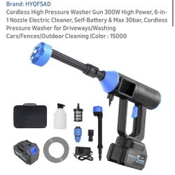 Cordless High Pressure Washer Gun 300W High Power, 6-in-1 Nozzle Electric Cleaner, Self-Battery & Max 30bar, Cordless Pressure Washer for Driveways/Wa