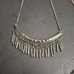 Vintage Gunmetal Bar Fringe Statement Necklace Featuring A Curved Metal Tube Bar W/I set Rhinestones & Suspended Metallic Rod Tassels 32" + 3" Extra
