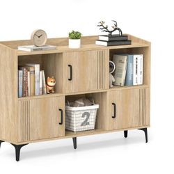 Costway 47" Wide Storage Cabinet Home Large Bookcase with 3 Door Cabinets & Open Shelves