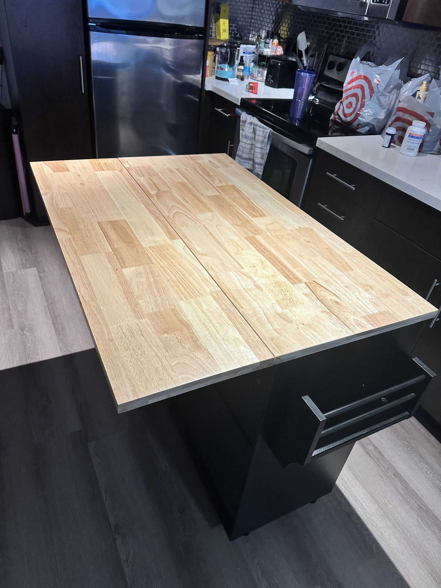 Rolling Kitchen Island With Drop Leaf, Kitchen Cart Island With Rubber Wood Top, Drawers And Trash Cabinet