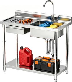 CAMMOO 39" 4-Height Adjustable Utility Sink with Drawer 304 Stainless Steel 39 In Workstation Adds a Large Basin, Counter Space and Storage Drawer for