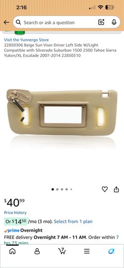 6 Beige Sun Visor Driver Left Side W/Light Compatible with Silverado Suburban 1 Tahoe Sierra Yukon/XL Escalade 2007-2014 0