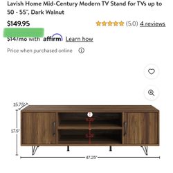 Mid-Century Modern TV Stand for TVs up to 50 - 55", Dark Walnut