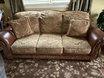 Sofa, Chair & Ottoman. Brown/Gold Tone