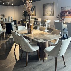  Brown 7pc Marble Dining Room Set 