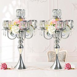 2Pcs Silver 5-Arm Crystal Pendant Metal Candle Holder with Square Crystal Bowl, 22-Inch Tall Wedding Table Centerpiece for Holiday Party Events, Chris