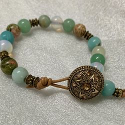 Jade, Moonstone, Jasper, & Leather Bracelet 