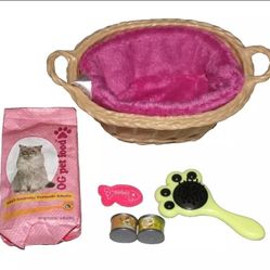 Our Generation / Battat cat pet bed, brush, food, accessories lot