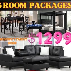 NEW 3 ROOM PACKAGE DEAL- BED MATTRESS DINING ROOM SECTIONAL SOFA AND MORE 