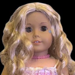 Custom Made American Girl Doll Blonde Curly Hair Brown Eyes Pink Summer Dress Outfit Jewelry Shoes