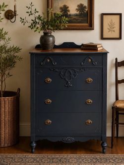 Vintage Navy Blue Chest of Drawers with Natural Wood Top