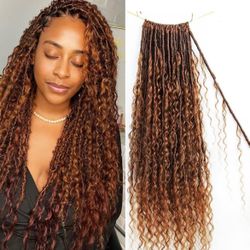Pre-looped Light Auburn Crochet Dreadlocks w/Human Hair Curls 26” 72 Strands NEW