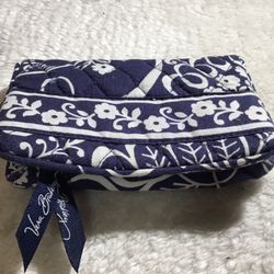 Vera Bradley Wallet Twirly Birds Hard Case Push Lock Navy Blue White 
