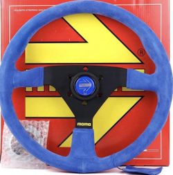 New in box BLUE Suede MOMO Steering Wheel, NO horn cap as shown though, $100 FIRM.