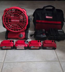 Craftsman fan with three 6 amp batteries and one battery of 4 amp, plus bag and two chargers