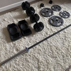 $300 FIRM - Moving Sale Gym Bundle (Adjustable Dumbbells, Olympic Bar, Plates)