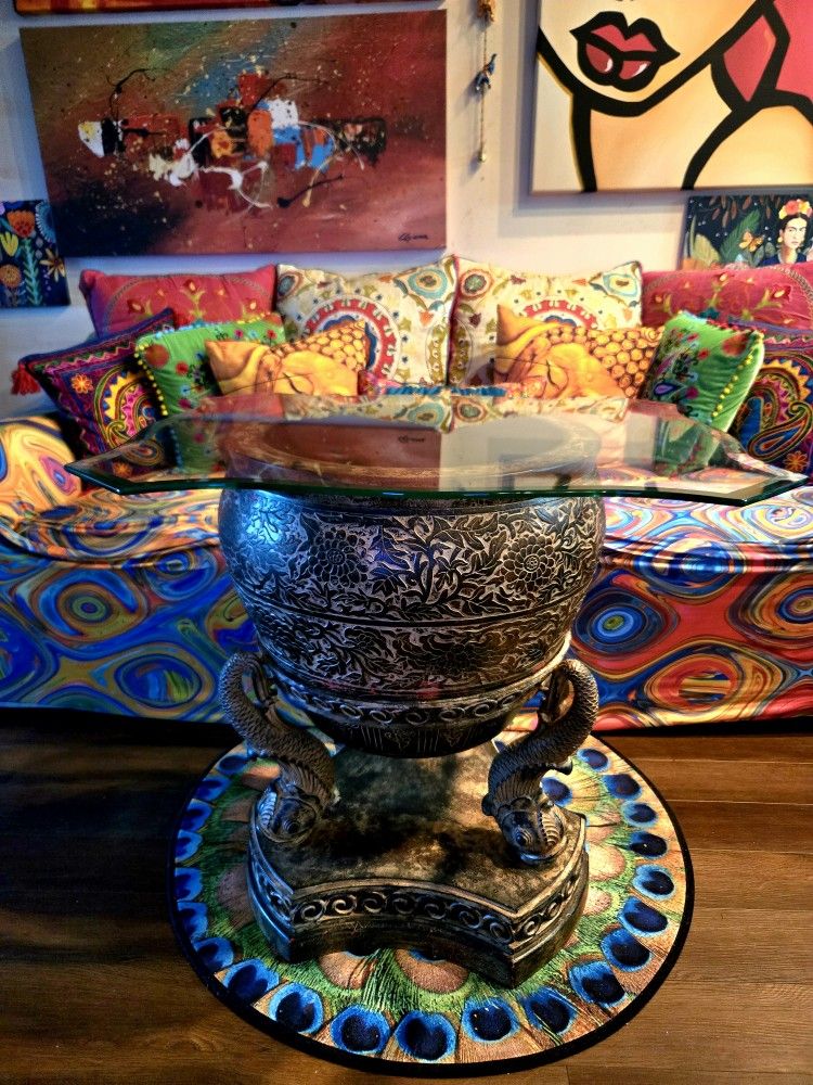 Antique Asian Style Dining Room Table for 4Koi Fish Base Flower Motif Pot 29"×32"×24"