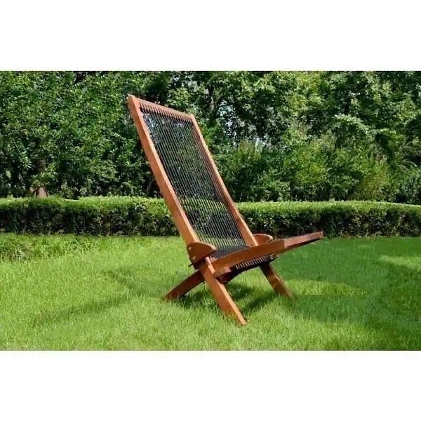Folding Wooden Outdoor Chair, Stylish Low Profile Acacia Wood  W(contact info removed)7 New Folding Wood Outdoor Lounge Chair Low Profile Roping High Slanted Back