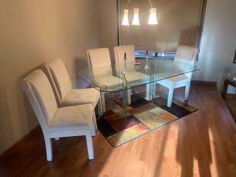 1980s Postmodern Glass Dining Set – Table, 5 Chairs & FREE Rug – $375
