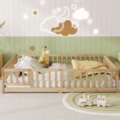 Queen Montessori Floor Bed Frame – Solid Wood with Safety Rails