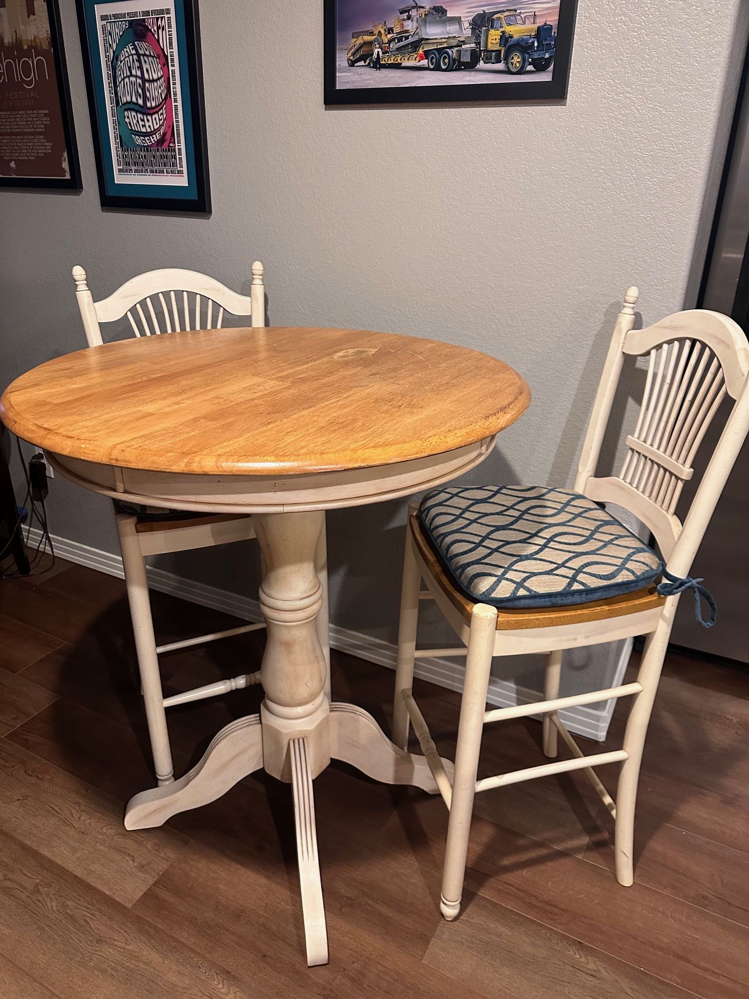 Solid Wood Bar-Height Café Table + 2 Matching Chairs – 42″H × 36″ Top