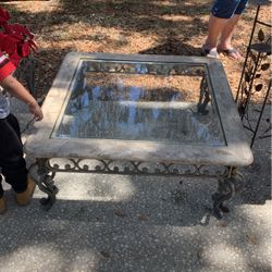 Cast Iron, Marble, And Glass Coffee Table And End Table