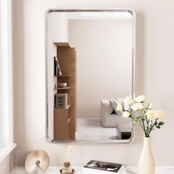 New 24x36 Inch Brushed Nickel Bathroom Mirror, Brushed Silver Metal Frame Mirror Wall Mounted, Rounded Rectangle Bathroom Vanity Mirror