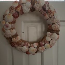 6 Pieces Sea Decor 15 " Seashell Wreath, Big Wooden Sign  And 4  Napkin Rings.  All Together  (Hobby Lobby).