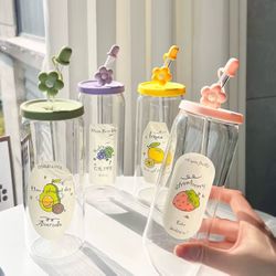 Cute Glass Cups with glass Straws and straw lid