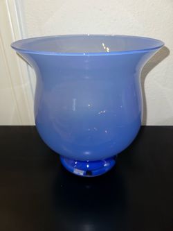 Large Crate and Barrel, Hand Blown Glass Blue Opalescent Hurricane Vase, Beautiful