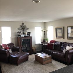 Brown Leather Couch,  Chair And Ottoman