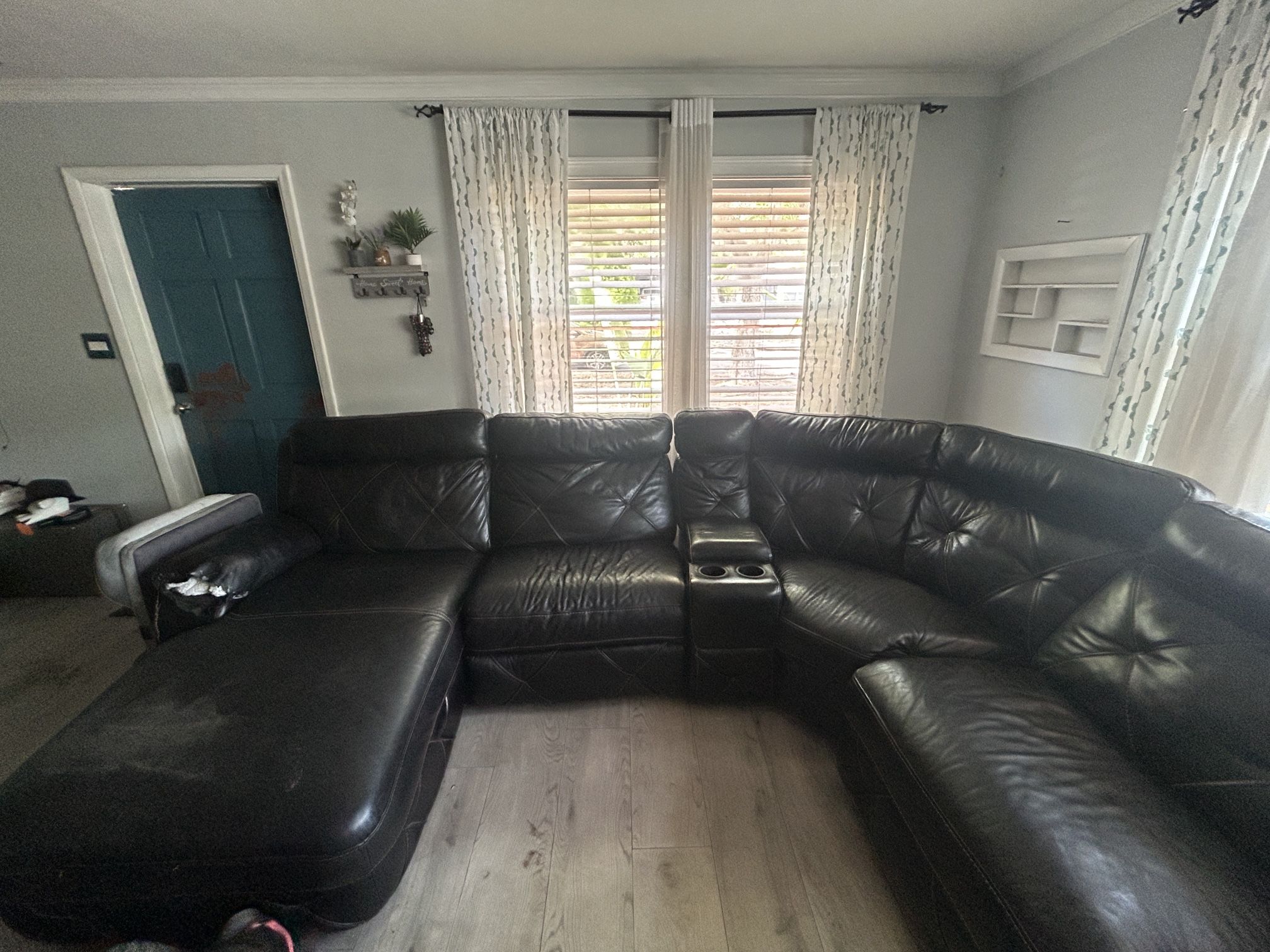 Power Reclining Leather Sectional Couch with Chaise & Console