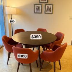 Wood Dining Set - 52’ Round Table + 6 Chairs + 2 Lamps