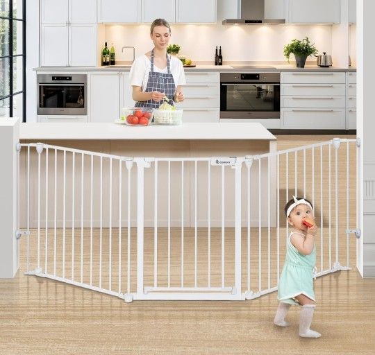 COMOMY 80" Extra Wide Baby Gate, Dog Gate for House Stairs Doorways Fireplace, Auto Close Pet Gate with Door Walk Through, 3 Metal Panels, Hardware Mo