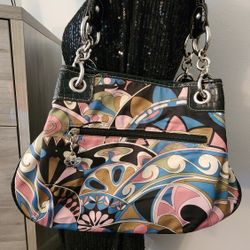 Kathy Van Zeeland Multi-colored paisley print flower power Stud hand shoulder bag. Pre-owned in very good condition. Approx measurements are 14x9.5x4 