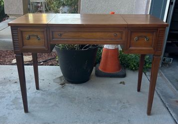 Mid-Century Modern Wood Vanity Desk with Flip-Top Mirror