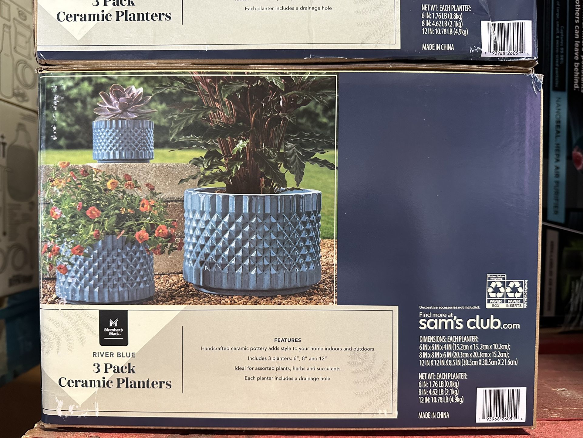 Members Mark 3-Pack Blue Ceramic Planters New In Box